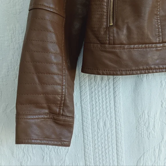 A.nd Tan Leather Moto Jacket Brown Cropped Biker Classic Heavy Cool Zippers Larg - Picture 4 of 10